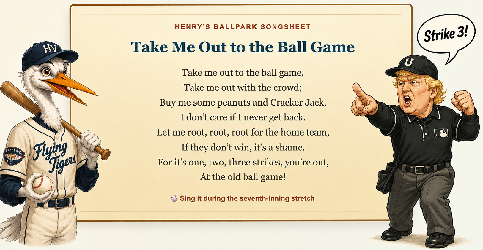 Henry’s Take Me Out to the Ball Game songsheet, with Henry in Lakeland baseball gear and a cartoon umpire calling Strike 3