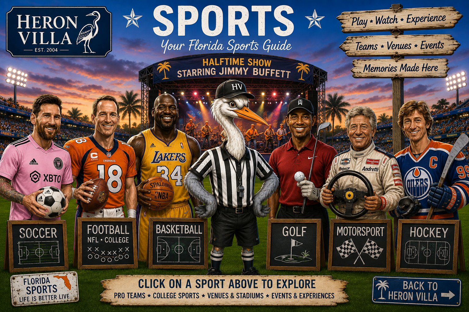 Heron Villa Florida Sports Guide with Henry the heron referee and six sport chalkboards